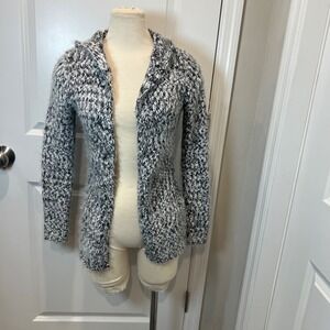 Woven Heart Black White Speckled Fuzzy Knit Hooded Cardigan Sweater Women Size S